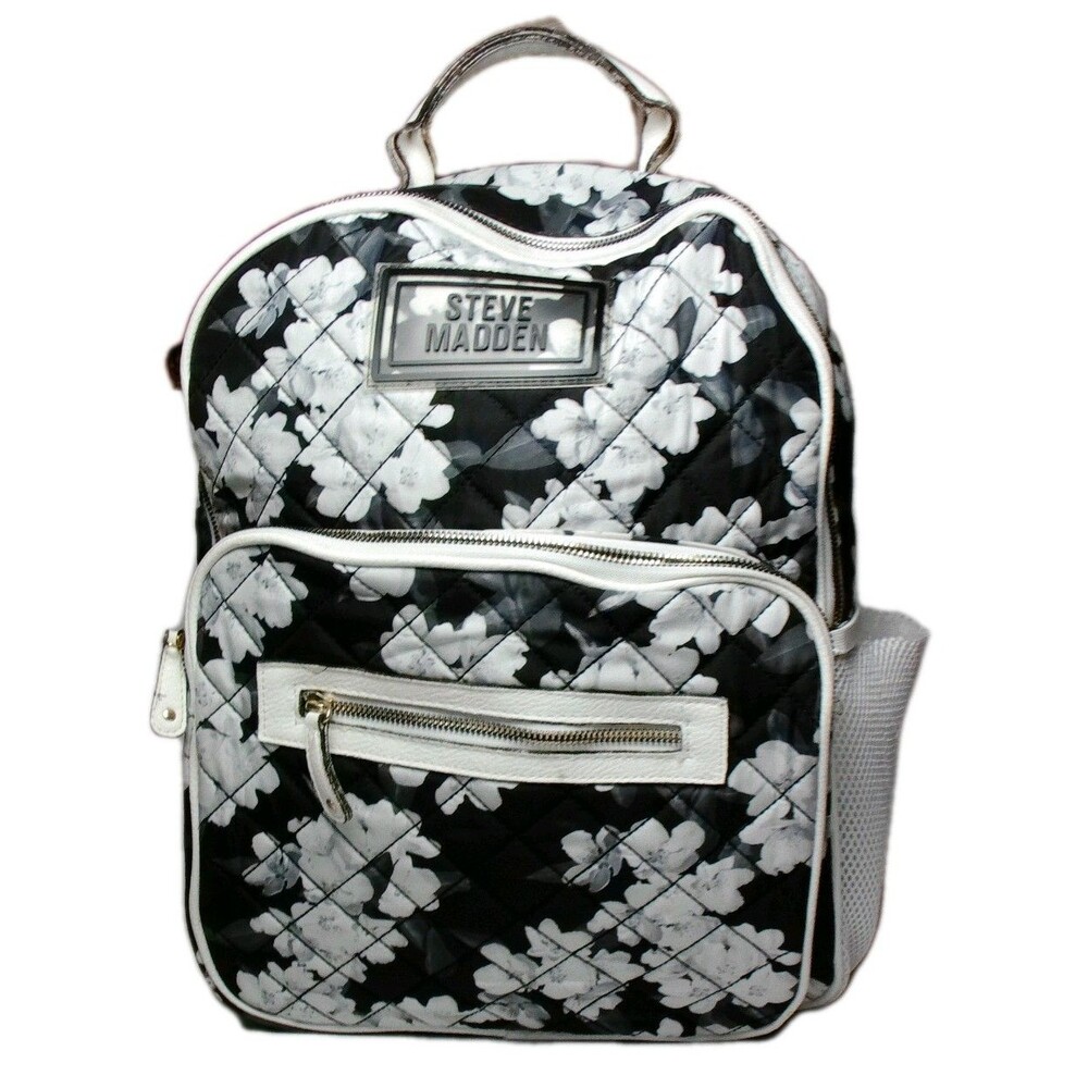 Steve Madden Quilted Floral Backpack Black White Flower Design School Travel Bag